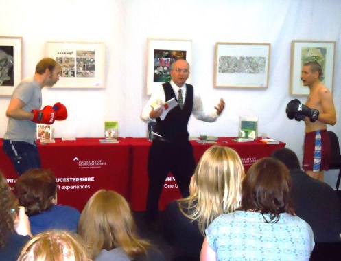 Keevil V Johnston: authors in charity boxing match at the Cheltenham Literature Festival, 2013, refereed by Martin Randall.